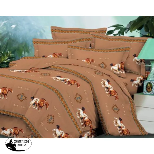 0467-1832  4 piece Queen Size Tan Running Horse Luxury Comforter Set.