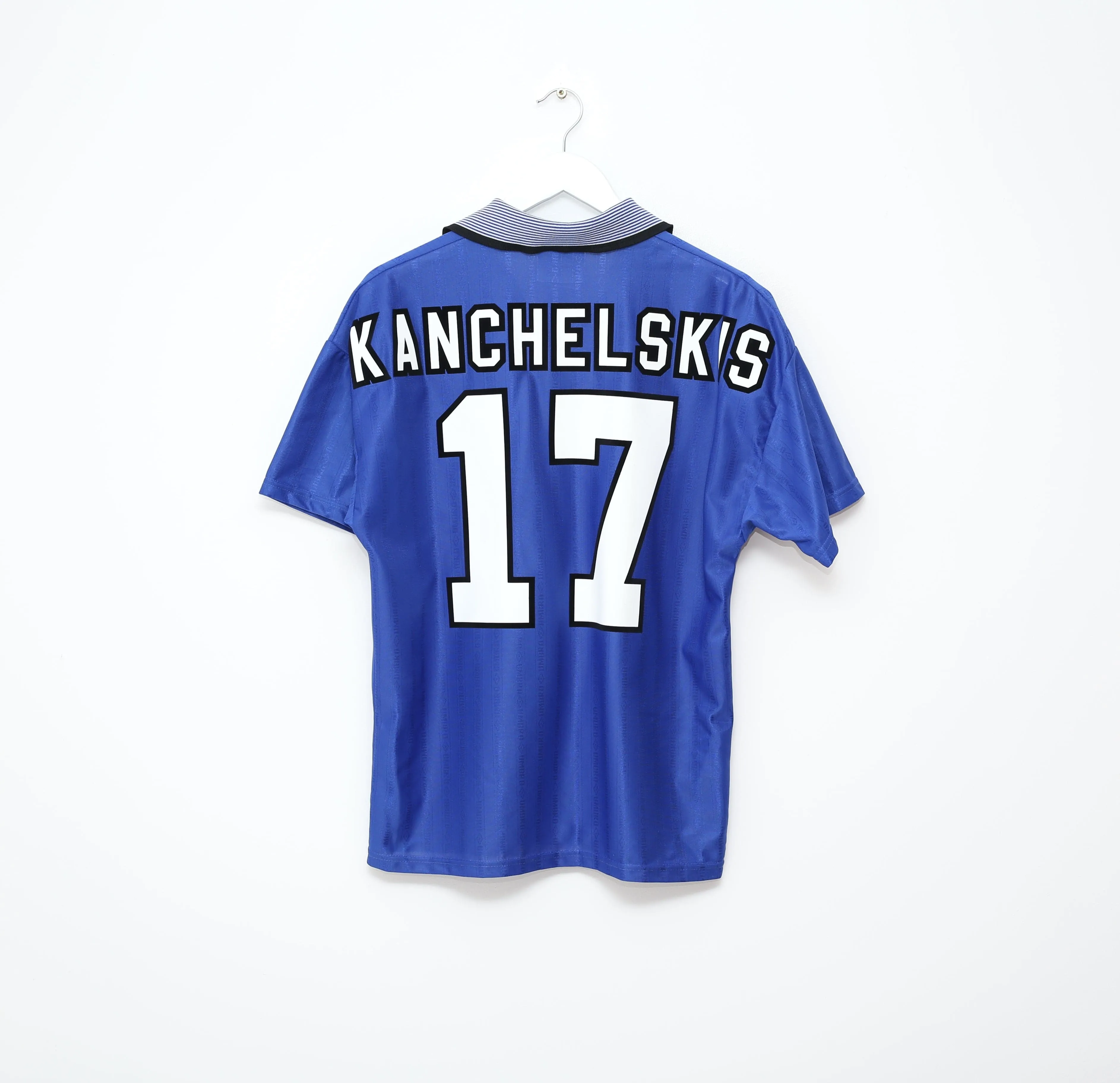 1995/97 KANCHELSKIS #17 Everton Vintage Umbro Home Football Shirt (M)