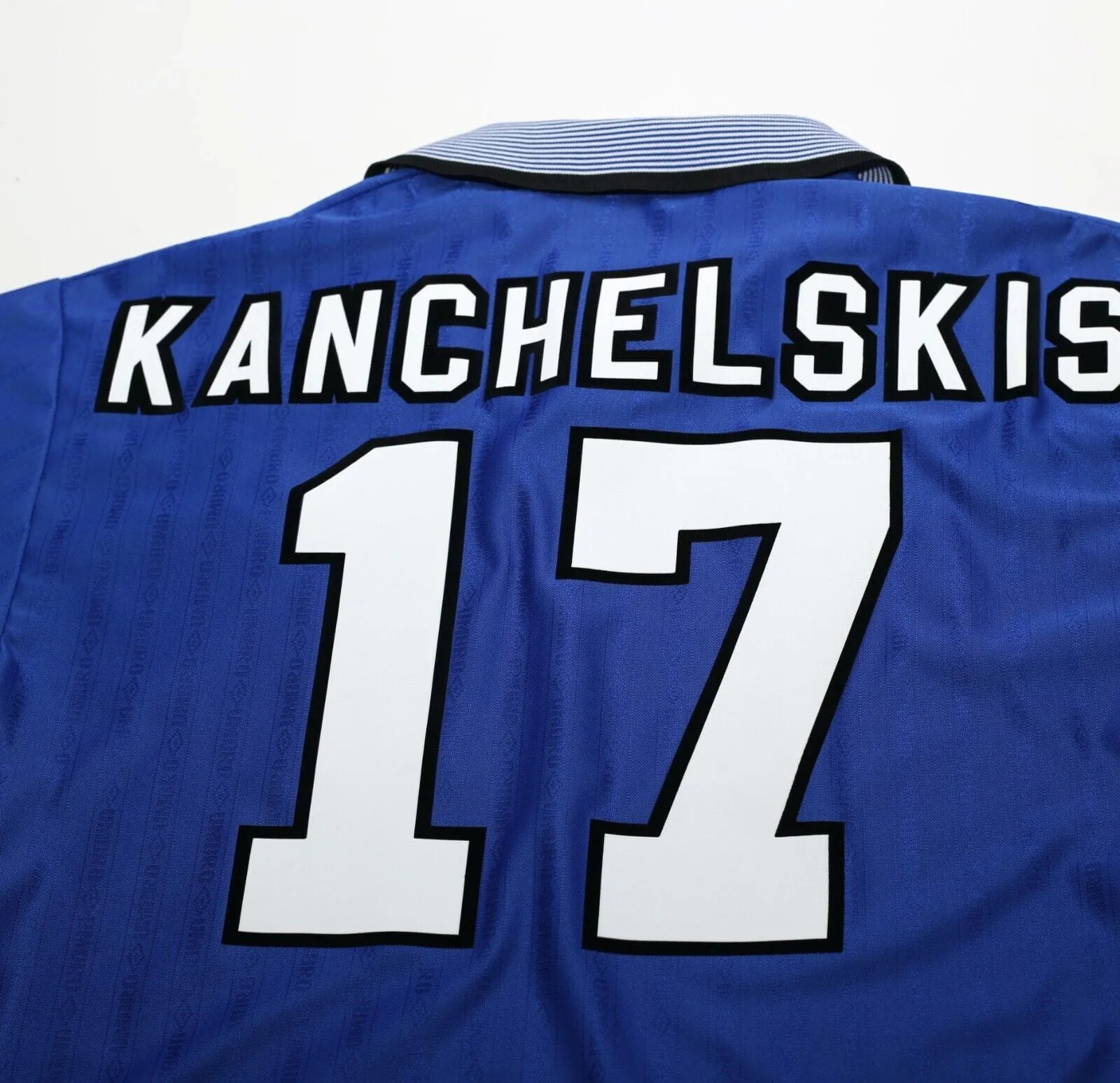 1995/97 KANCHELSKIS #17 Everton Vintage Umbro Home Football Shirt (M)