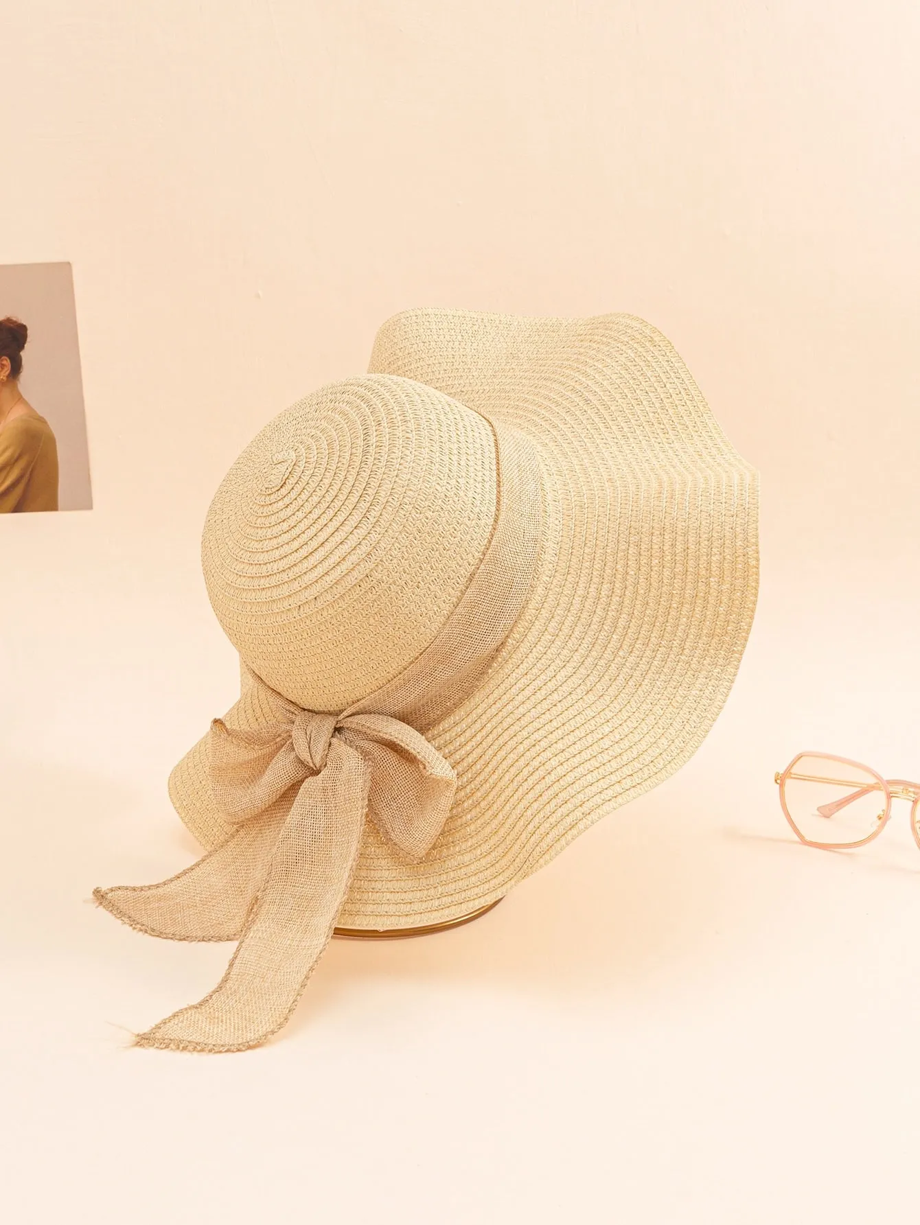 1pc Women Bow Decor Boho Straw Hat For Beach