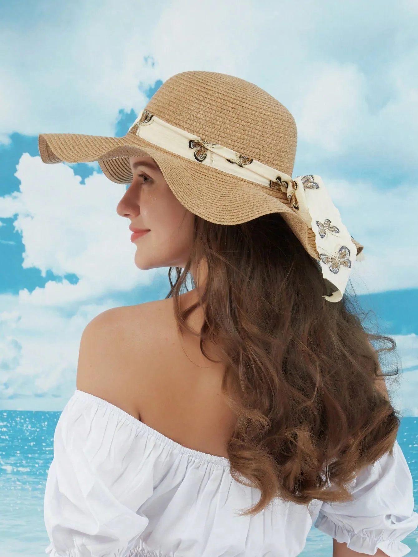 1pc Women Bow Decor Boho Straw Hat For Beach