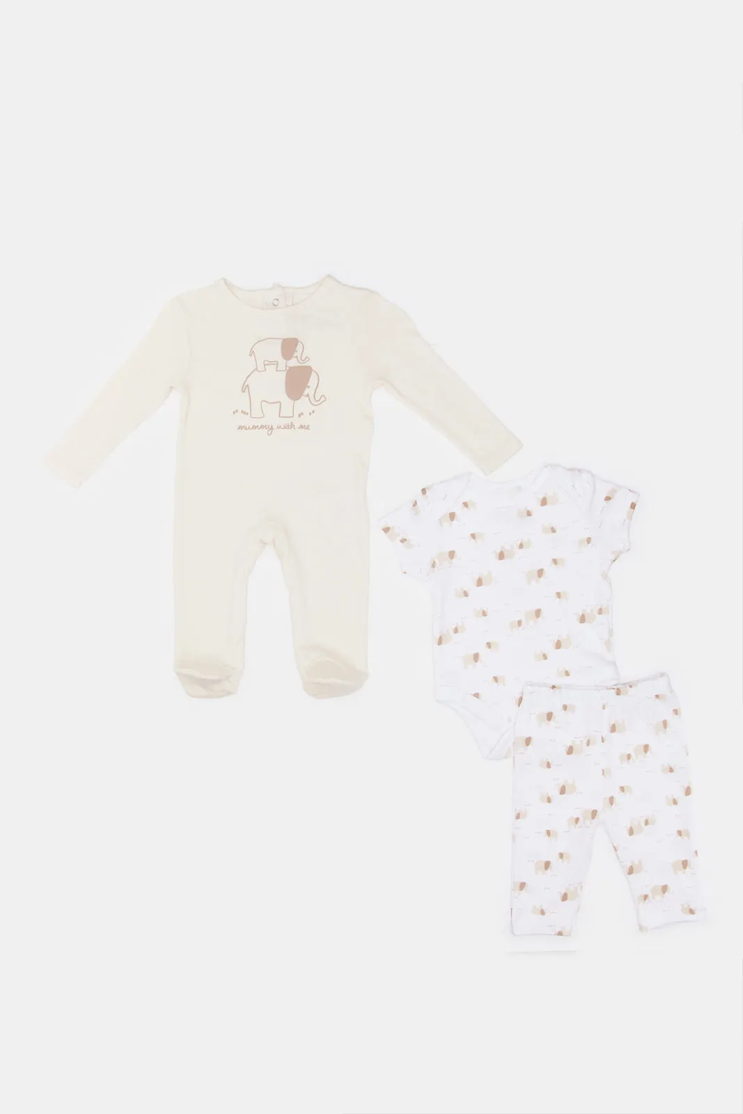 Babies Beige And White Elephant Print Gift Set (4 Piece)