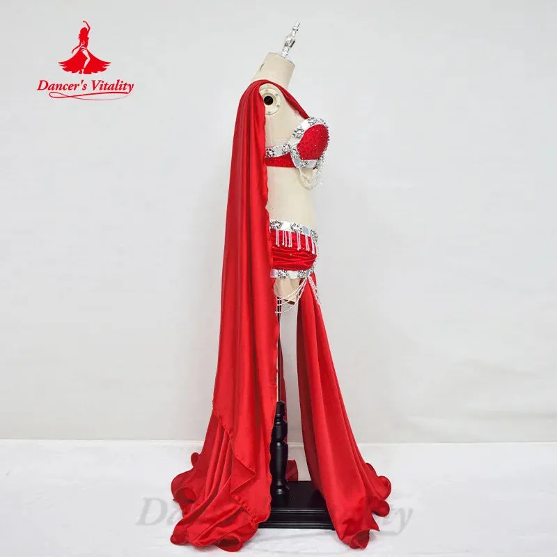 Belly Dancing Performance Costume Women Customized Senior AB Stones Bra tassel Satin Long Skirt 2pcs Oriental Dance Outfit Suit