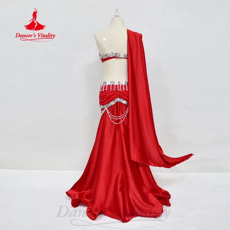 Belly Dancing Performance Costume Women Customized Senior AB Stones Bra tassel Satin Long Skirt 2pcs Oriental Dance Outfit Suit