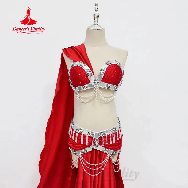 Belly Dancing Performance Costume Women Customized Senior AB Stones Bra tassel Satin Long Skirt 2pcs Oriental Dance Outfit Suit