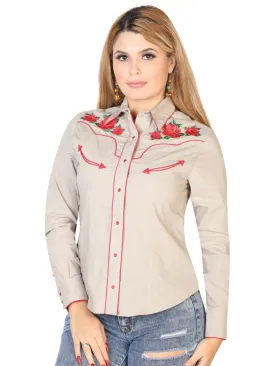 Camisa Vaquera Manga Larga Bordada Floral Caqui para Mujer 'El General' - ID: 42963