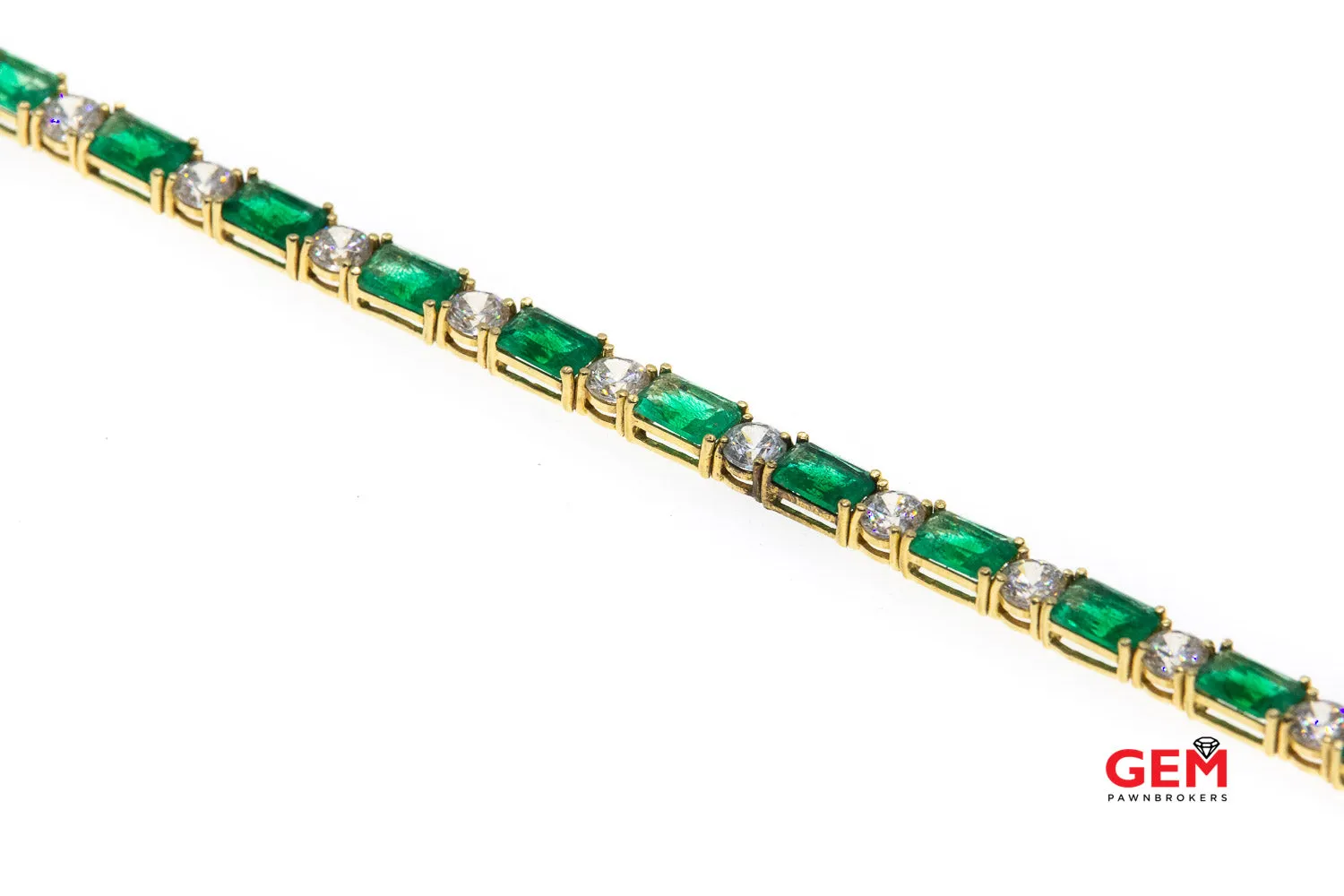 Cubic Zirconia & Emerald Cut Green Stone Tennis Bracelet 14k 585 Yellow Gold