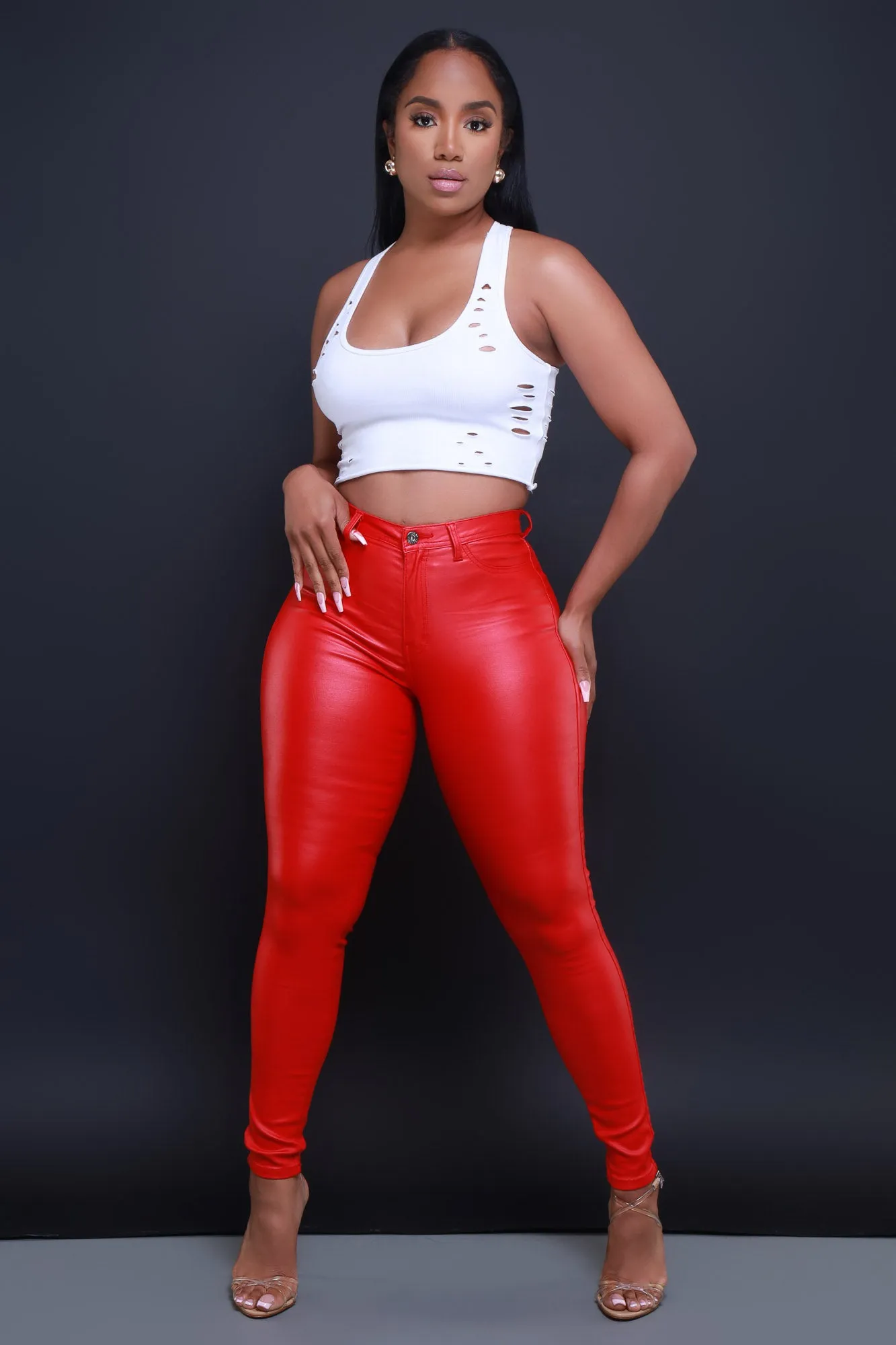 Curve You Faux Leather High Rise Pants - Red