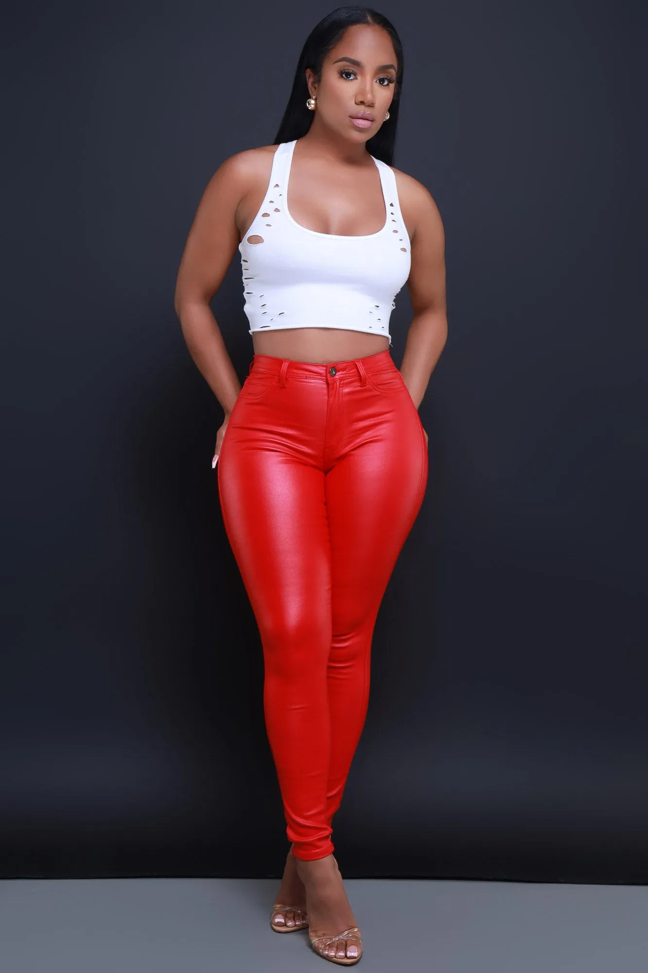 Curve You Faux Leather High Rise Pants - Red