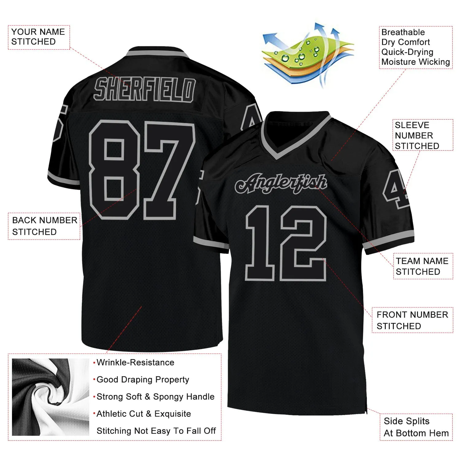 Custom Black Black-Gray Mesh Authentic Throwback Football Jersey