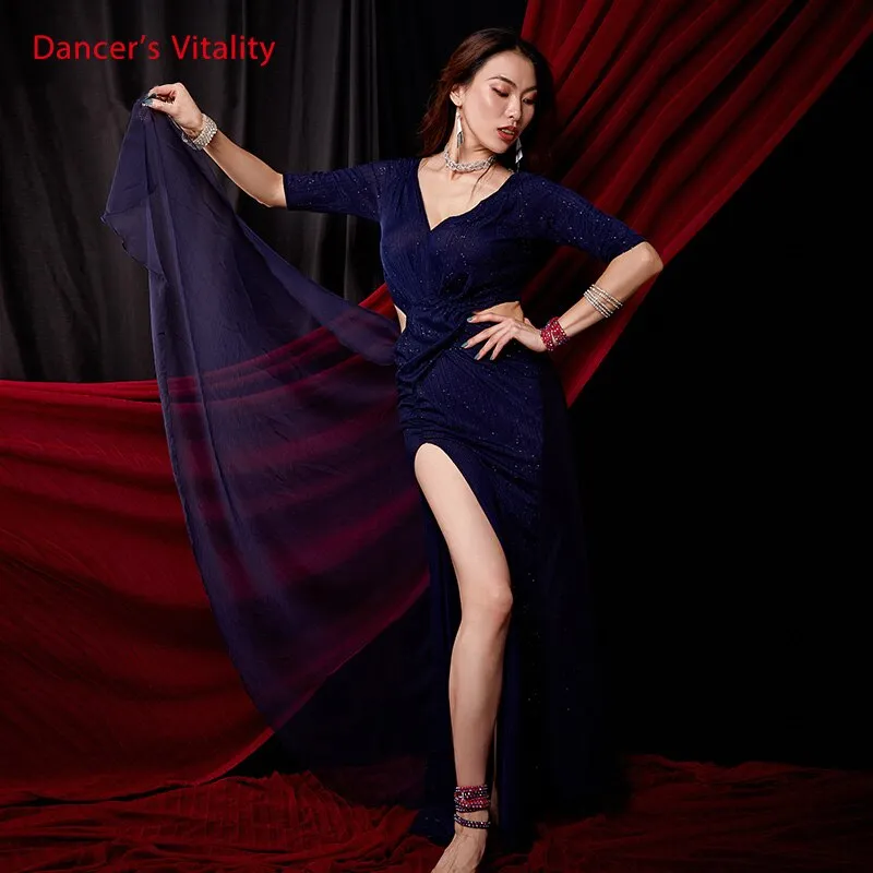 Dance Skirt Haft-Sleeved Dress Women Belly Dance Oriental Dance Practice Spandex Costume Blue Red Large