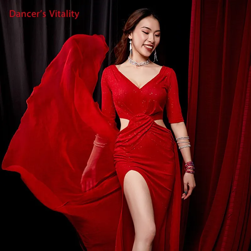 Dance Skirt Haft-Sleeved Dress Women Belly Dance Oriental Dance Practice Spandex Costume Blue Red Large