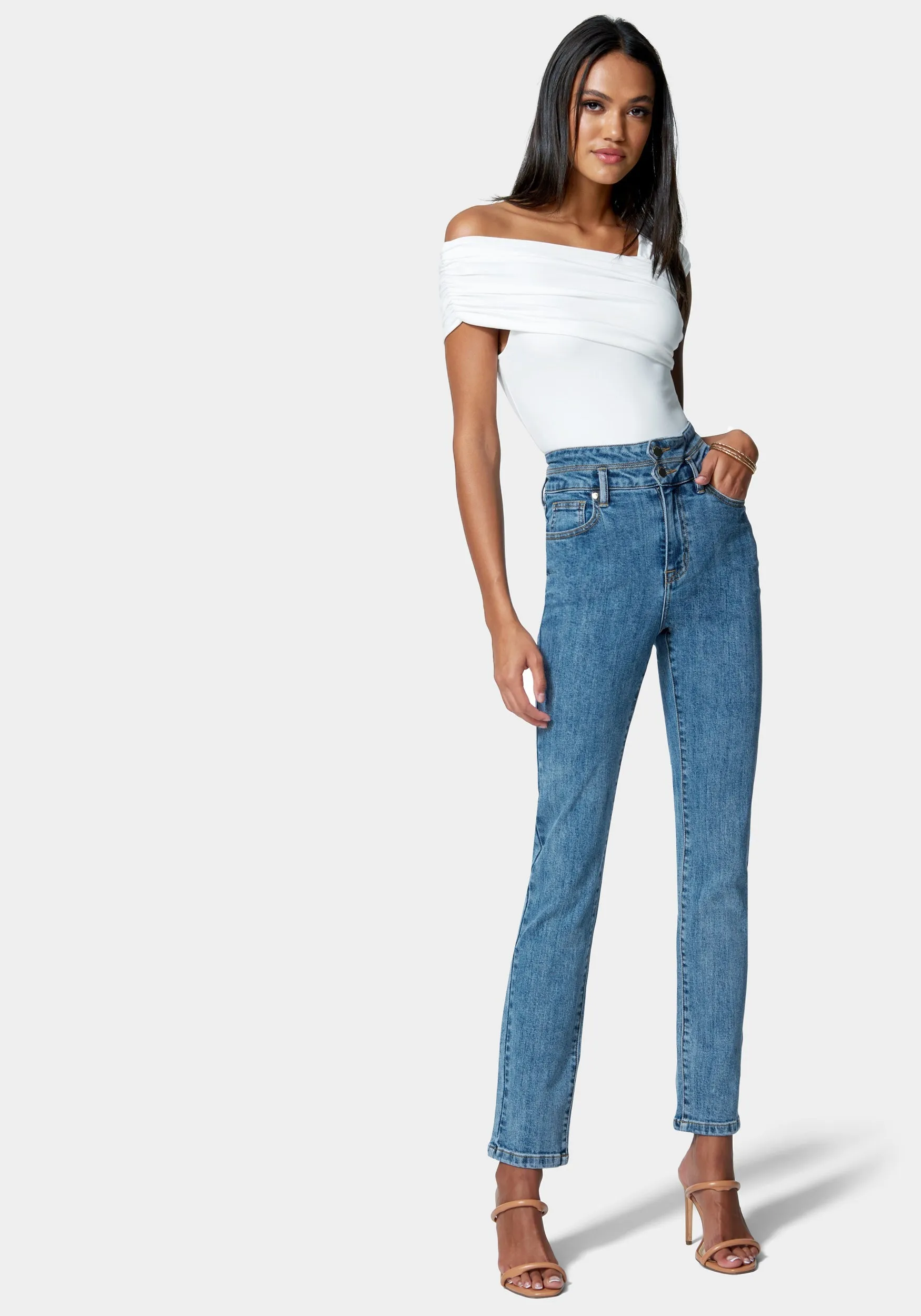 Double Tab Waist Slim Leg Jean