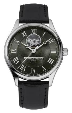 Frederique Constant Classics Heart Beat Automatic Stainless Steel Khaki Green Dial Black Leather Strap Mens Watch FC-310MCK5B6