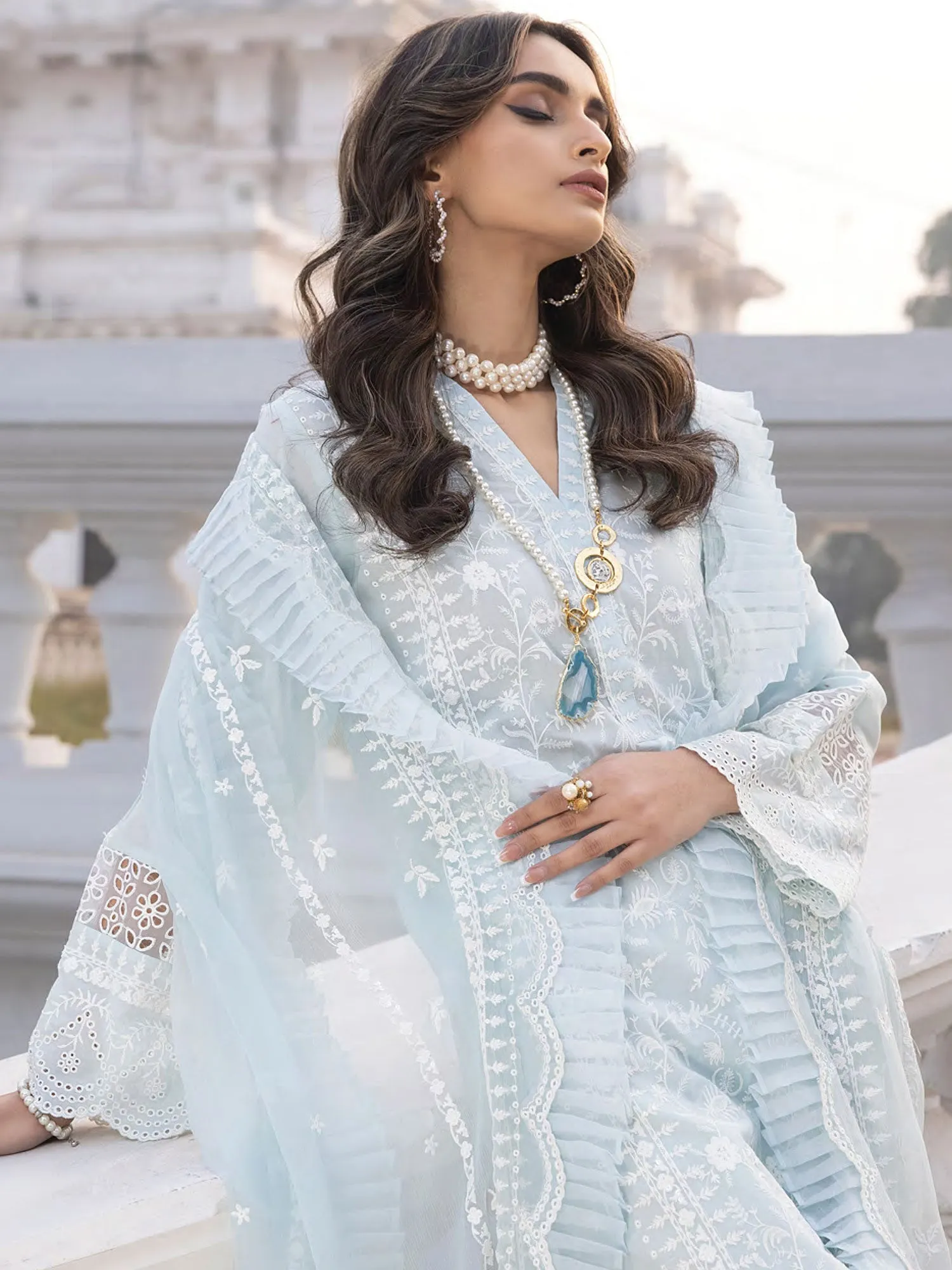 Lakhany Sky Blue Unstitched Embroidered Lawn 3-Piece Suit (LG-IZ-0051)