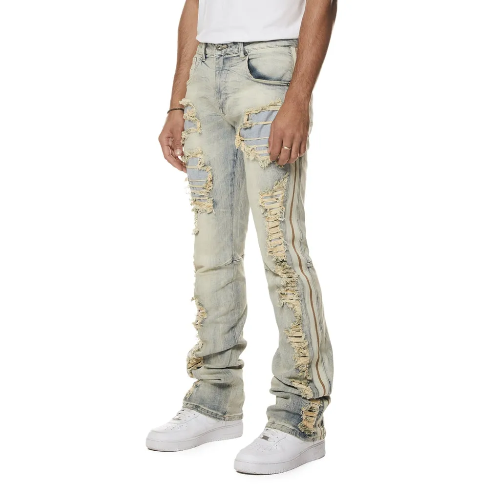 Laser Striped Stacked Denim Jeans - Maison Blue