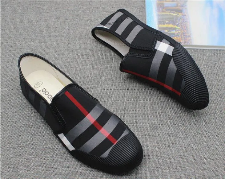 Men Canvas Leather Loafers Shoes Black Red Stripe