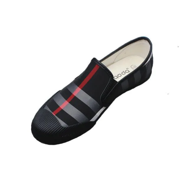 Men Canvas Leather Loafers Shoes Black Red Stripe