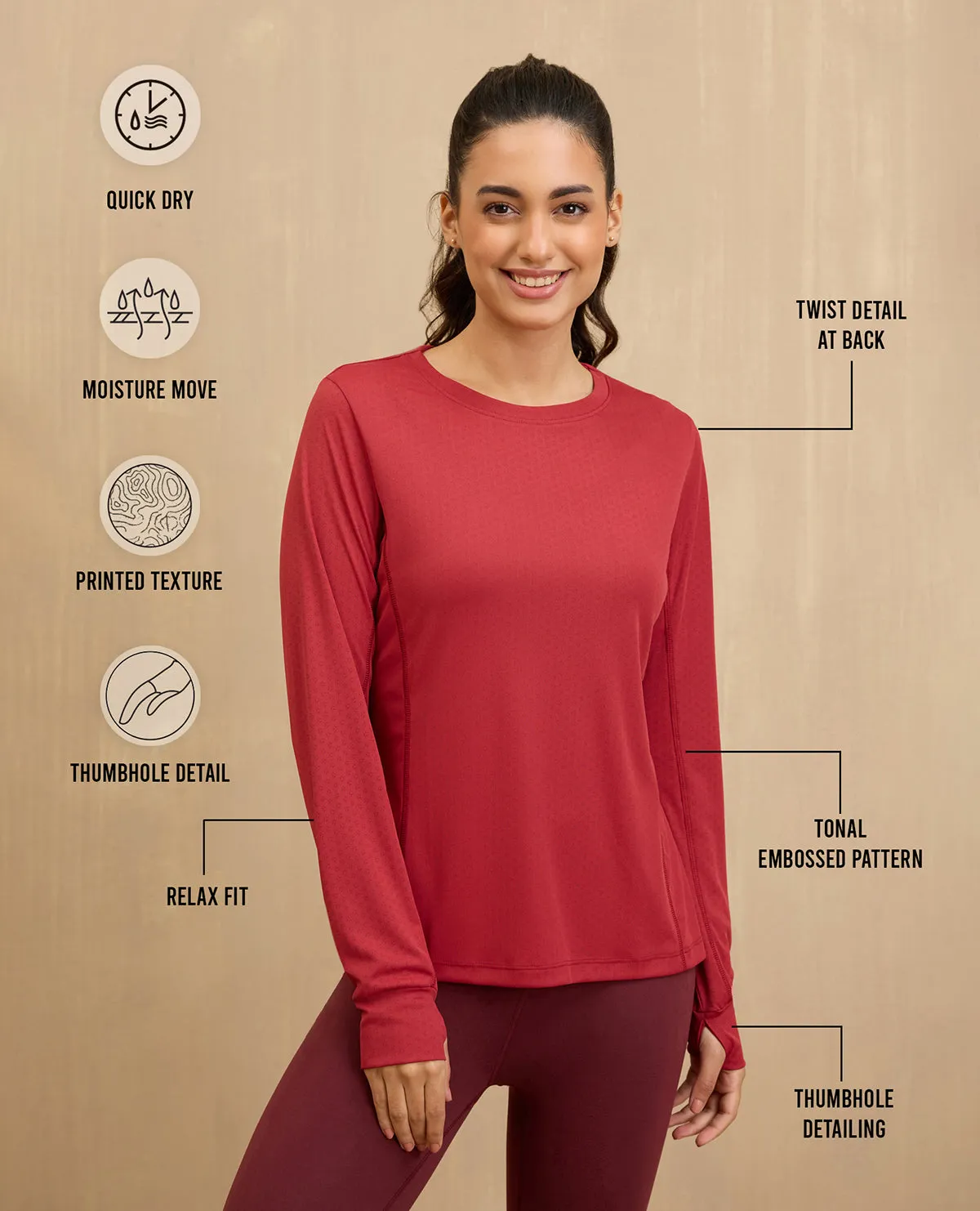 NYKD By Nykaa Back Twist Full sleeve Running Tee -NYK802-Maroon