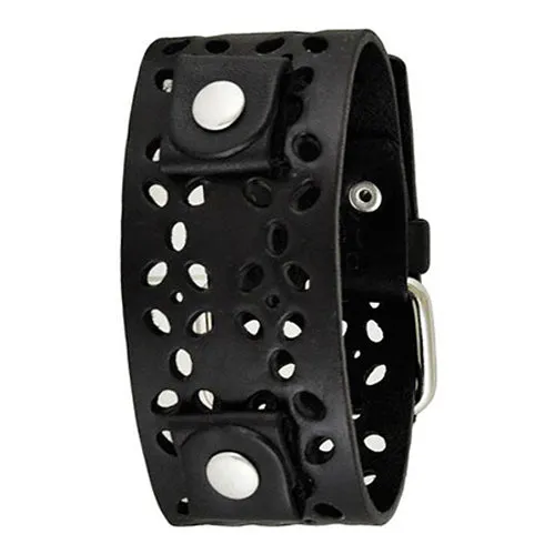 Perforated Flower Black Leather Cuff