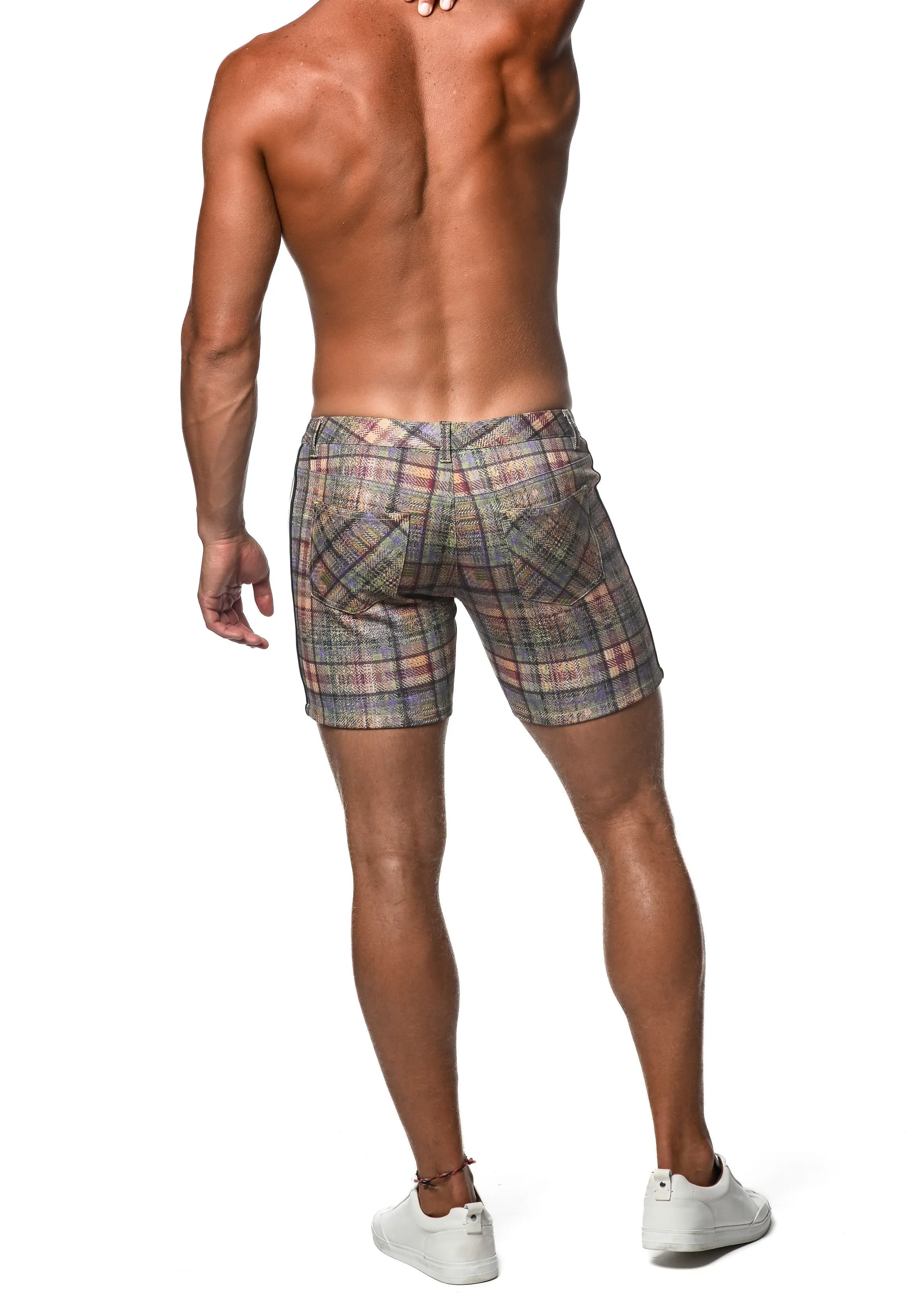 PLAID STRETCH KNIT SHORT W/ SIDE TAPE