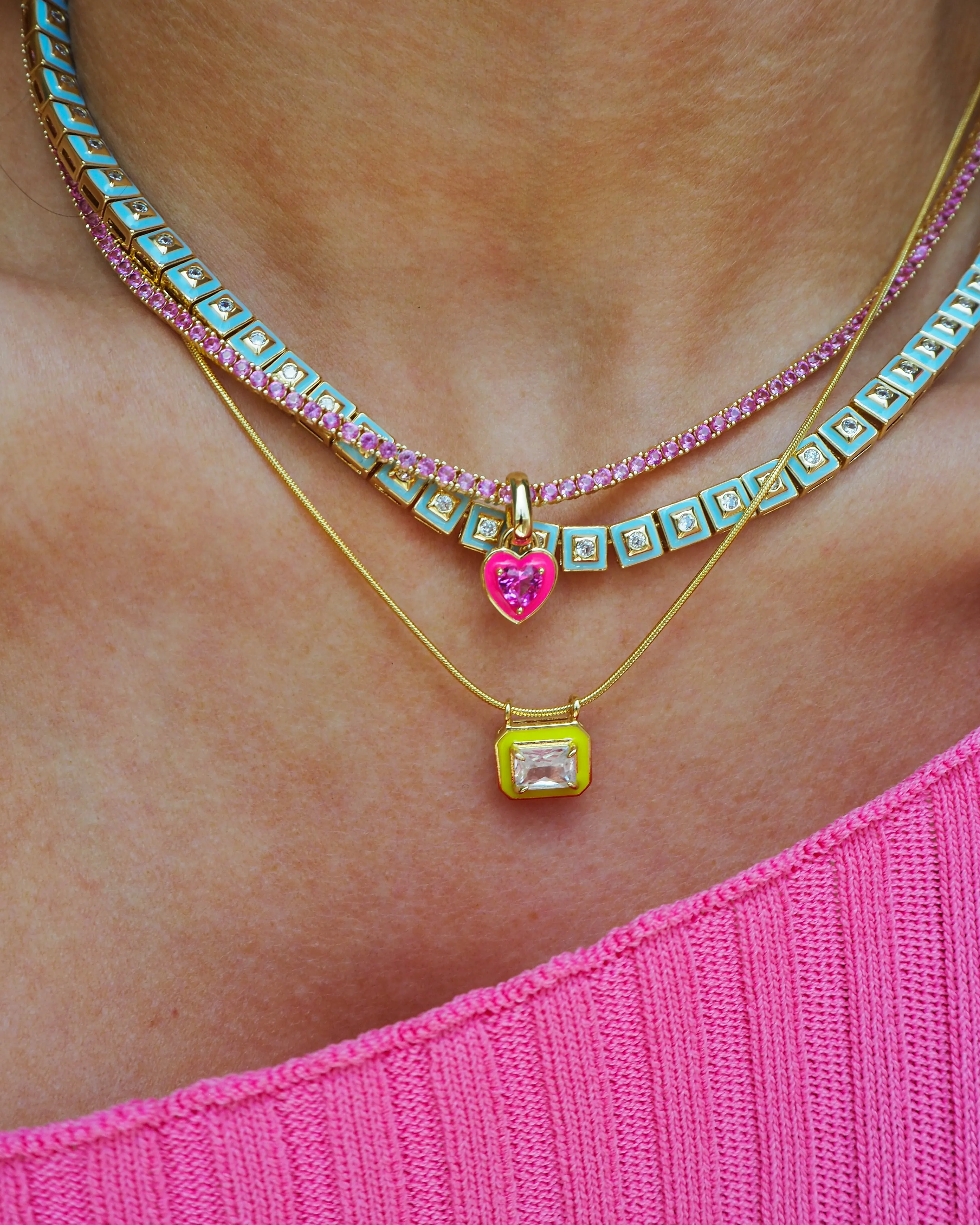 Pyramid Stud Tennis Necklace- Baby Blue- Gold