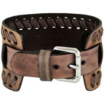 Weaved Distressed Brown Leather Wide Cuff