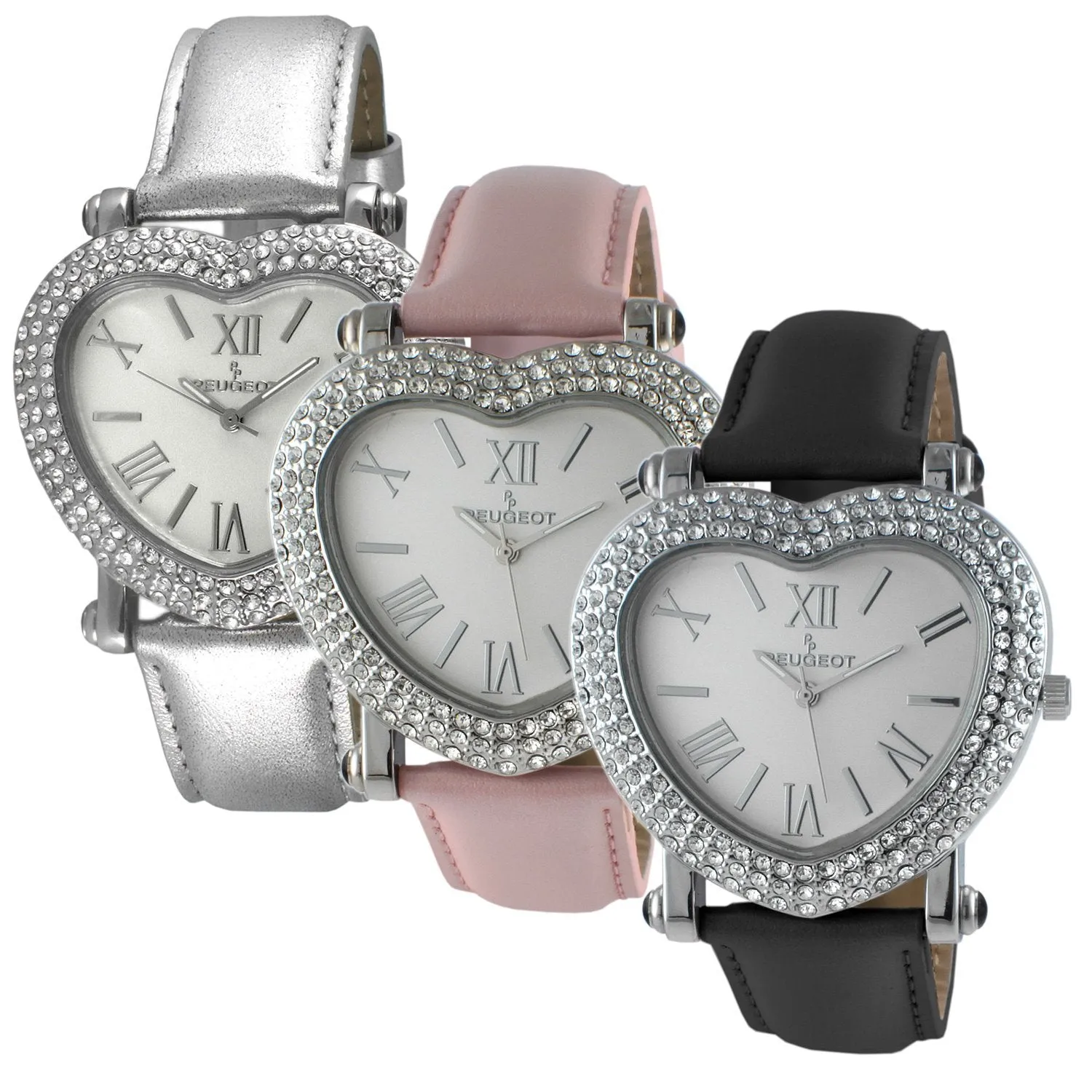 Women's 38mm Silver Crystal Heart Watch with Leather Strap