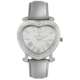 Women's 38mm Silver Crystal Heart Watch with Leather Strap