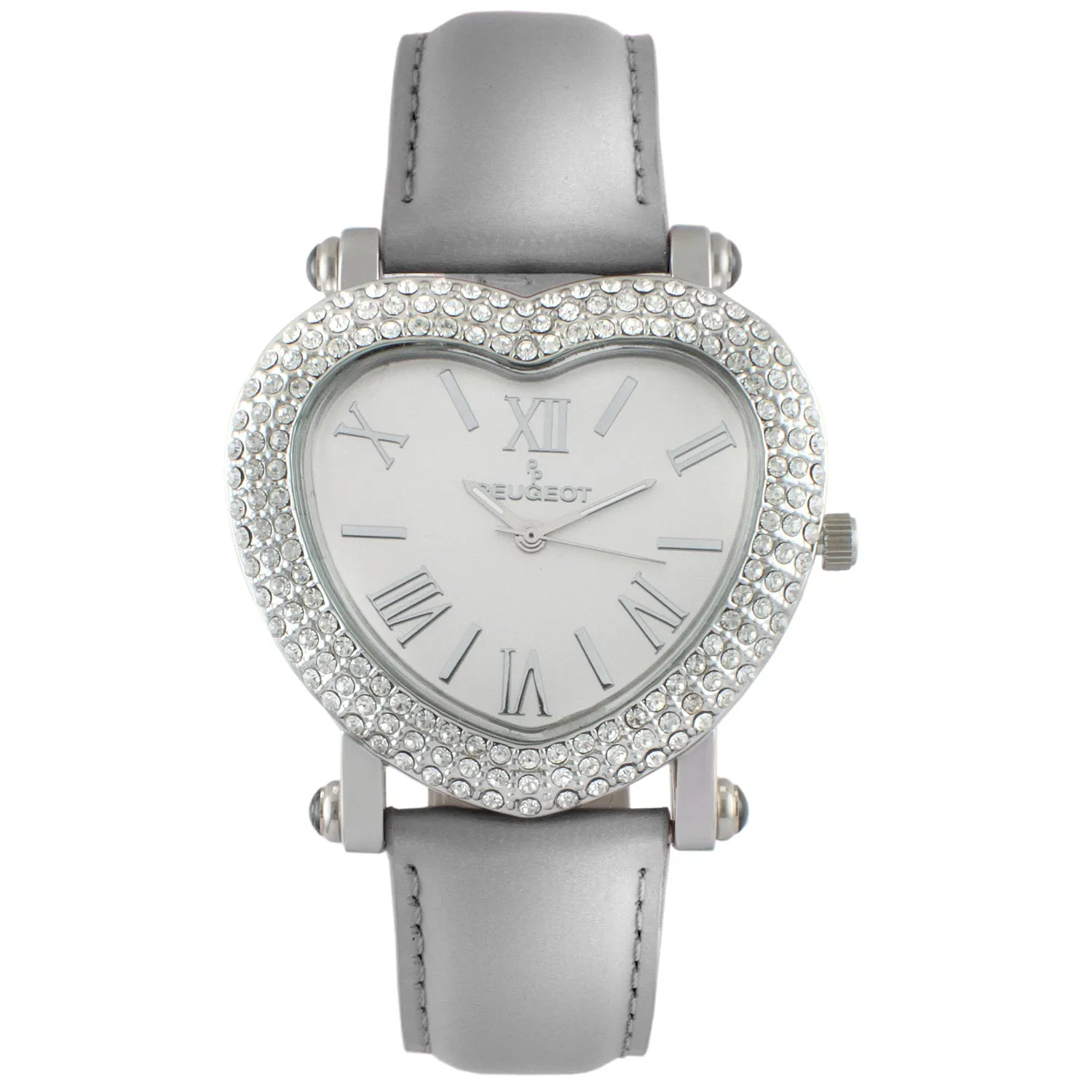 Women's 38mm Silver Crystal Heart Watch with Leather Strap